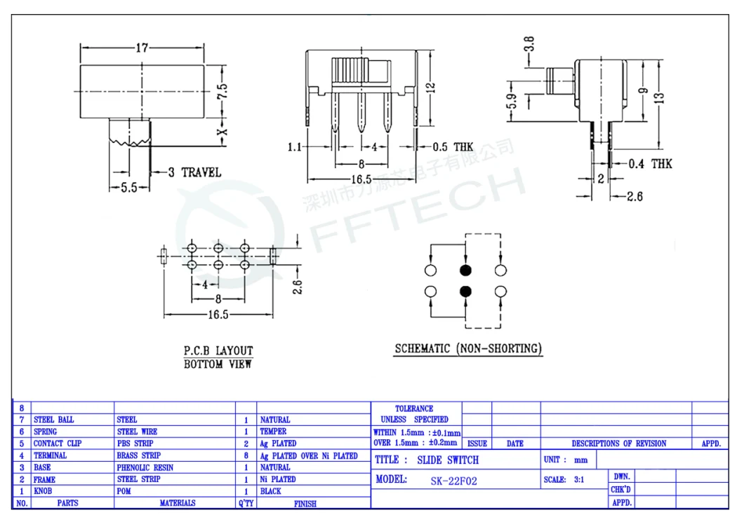 Factory Supply Sk-22f02 Right Angle DIP Type Panel Mount Terminal Contact Dpdt 6pins PCB Toggle Switch Mini Slide Switch