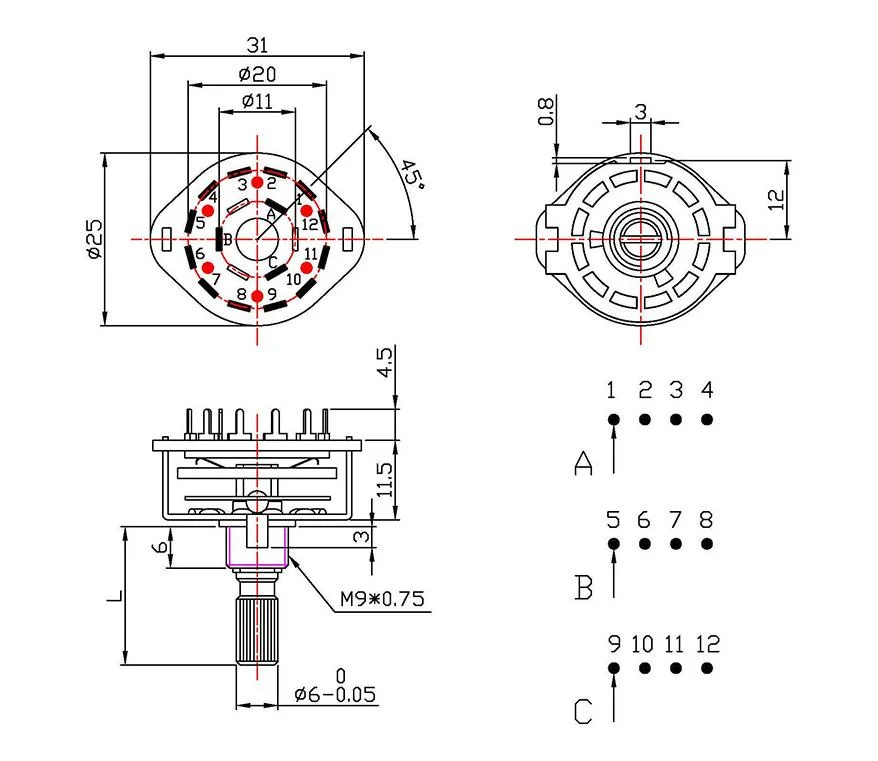 2-10pole Solder Terminal Spring Return Rotary Switch