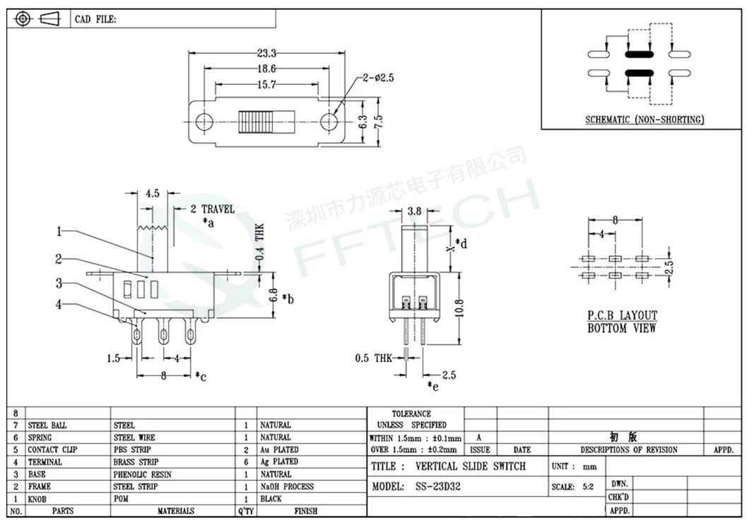 Hot Selling Ss-23D32 Vertical Type 6pins Solder Wire Terminal 3 Position Dp3t 2p3t PCB Toggle Switch Mini Slide Switch