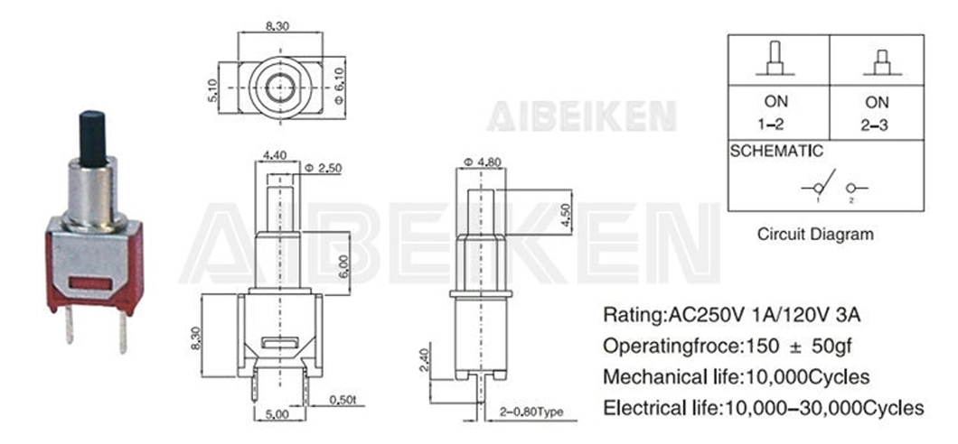 on- (ON) 2pin Sauto Reset Spst Micro Red Electronic Spring Return Momentary Mini Toggle Switch